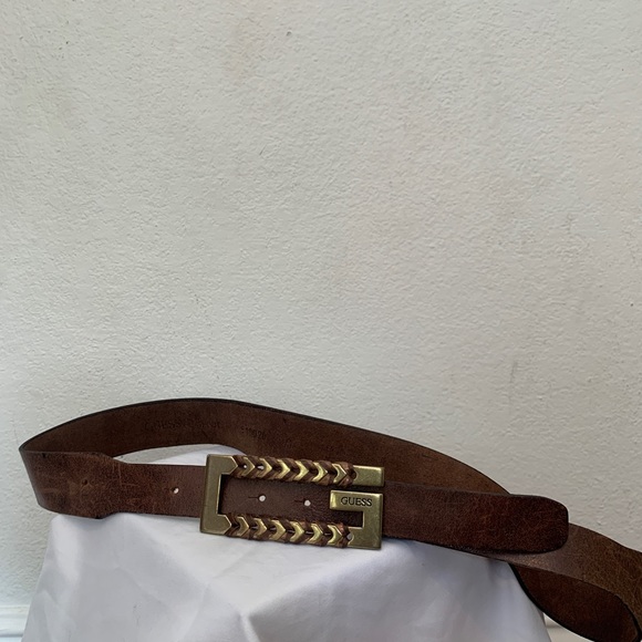 Brown Leather Woven Buckle Guess Belt - Picture 2 of 3